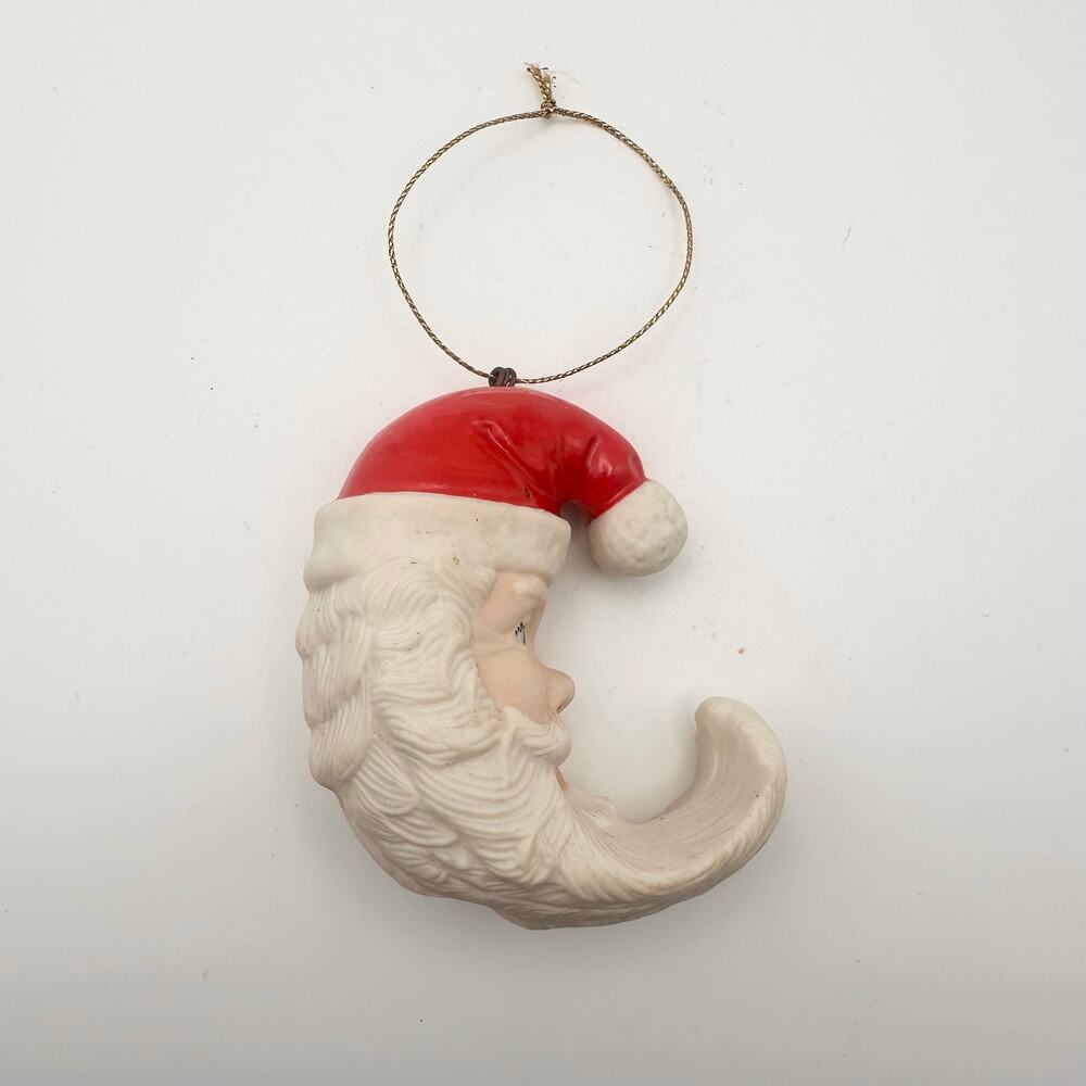 Vintage Ceramic Bisque Half Crescent Moon Bearded Santa Painted Face Ornament